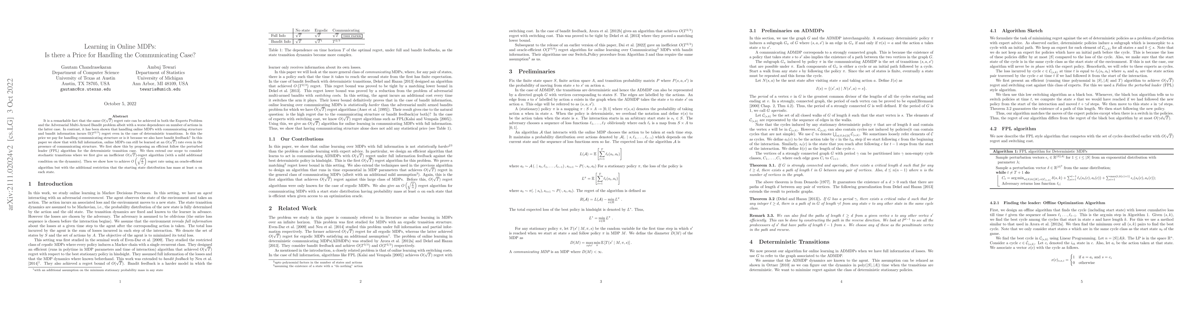 Thumbnail for Learning in Online MDPs: Is there a Price for Handling the Communicating
  Case?