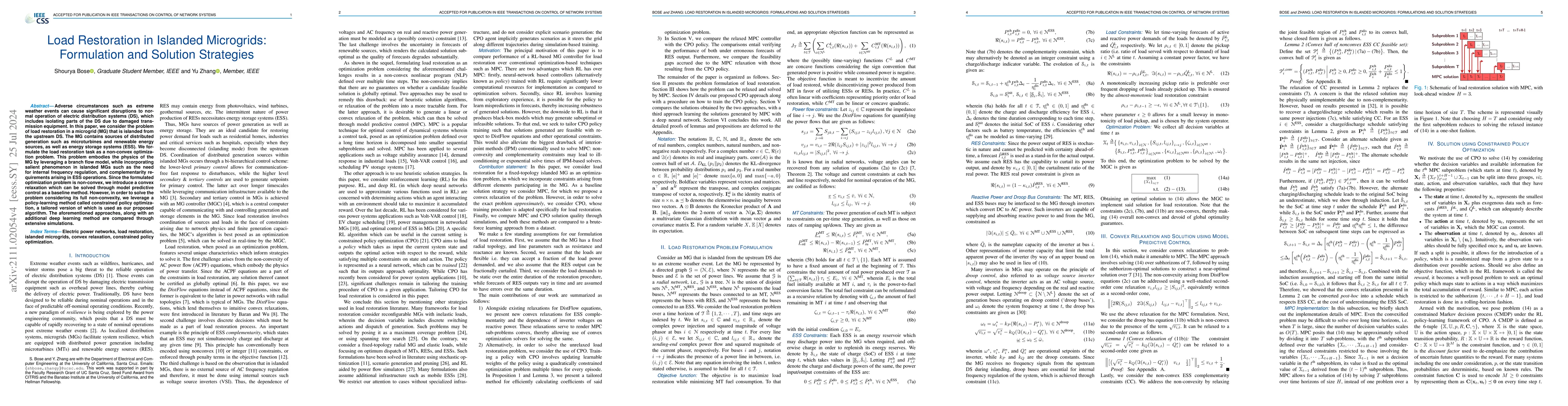 Thumbnail for Load Restoration in Islanded Microgrids: Formulation and Solution
  Strategies