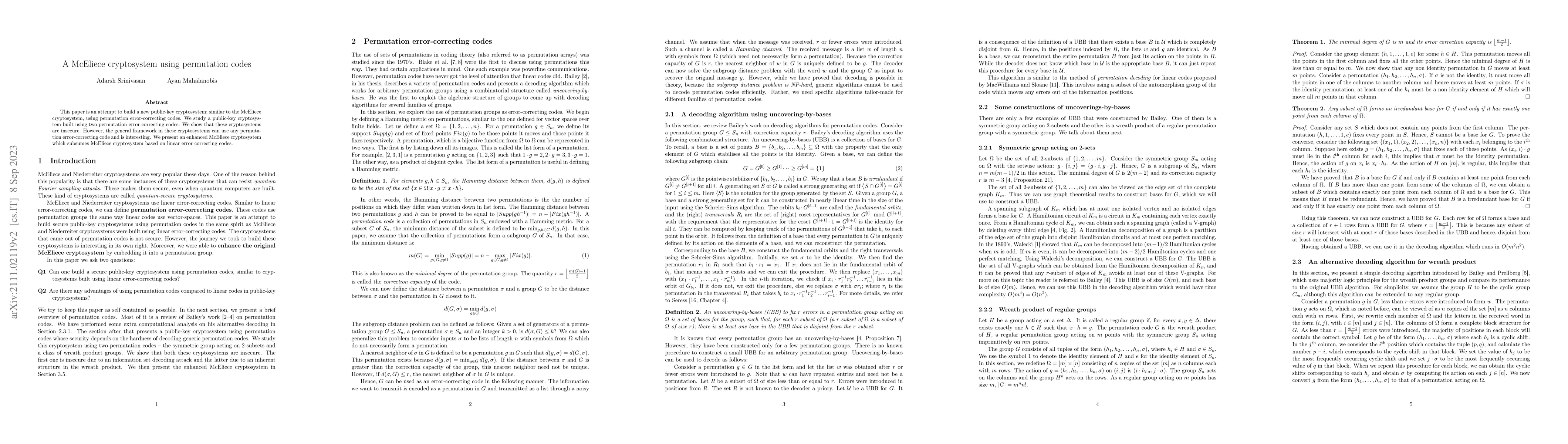 Thumbnail for A McEliece cryptosystem using permutation codes