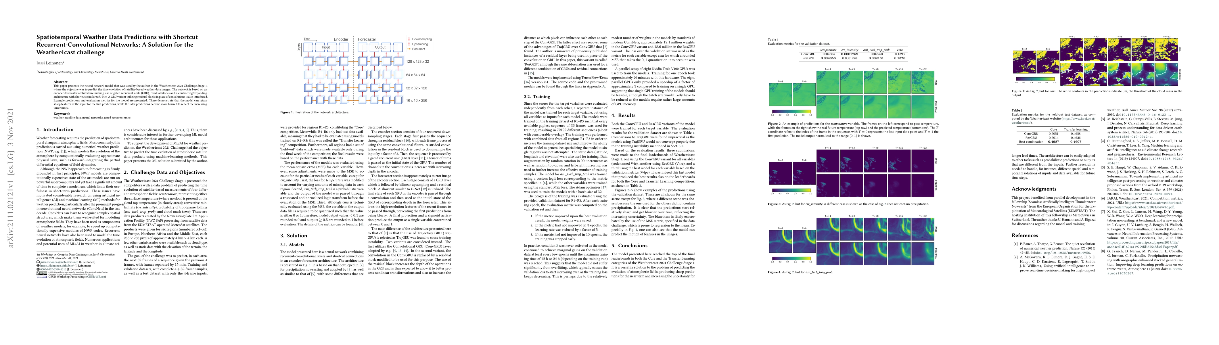 Thumbnail for Spatiotemporal Weather Data Predictions with Shortcut
  Recurrent-Convolutional Networks: A Solution for the Weather4cast challenge