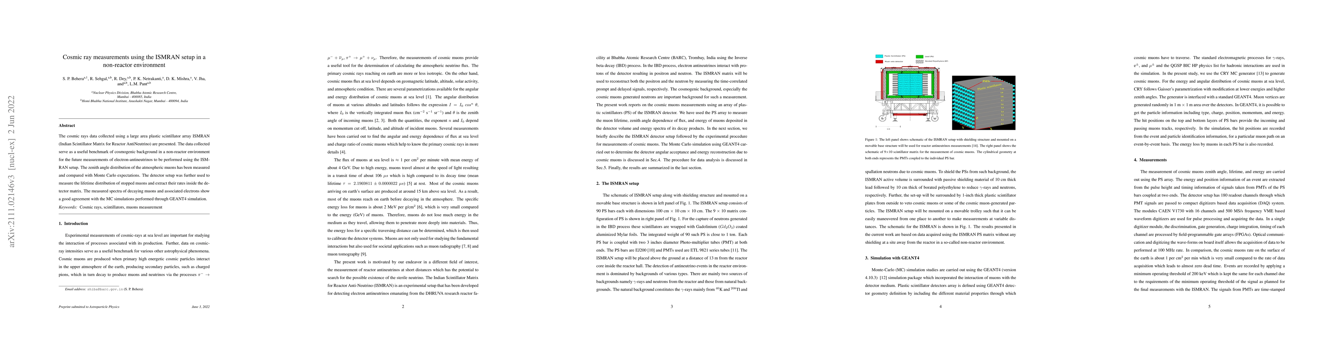 Thumbnail for Cosmic ray measurements using the ISMRAN setup in a non-reactor
  environment