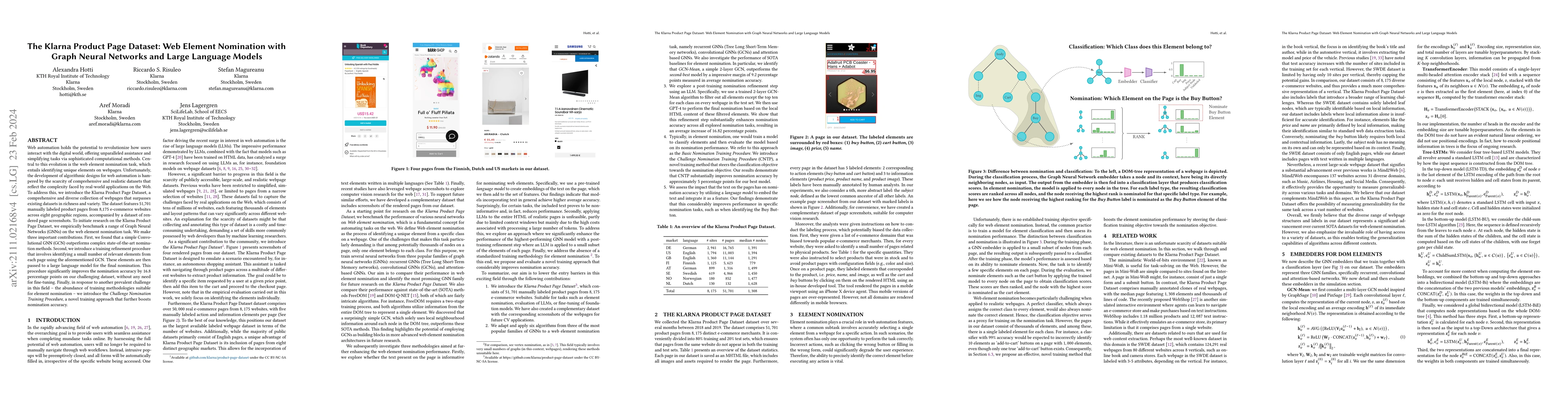 Thumbnail for The Klarna Product Page Dataset: Web Element Nomination with Graph
  Neural Networks and Large Language Models