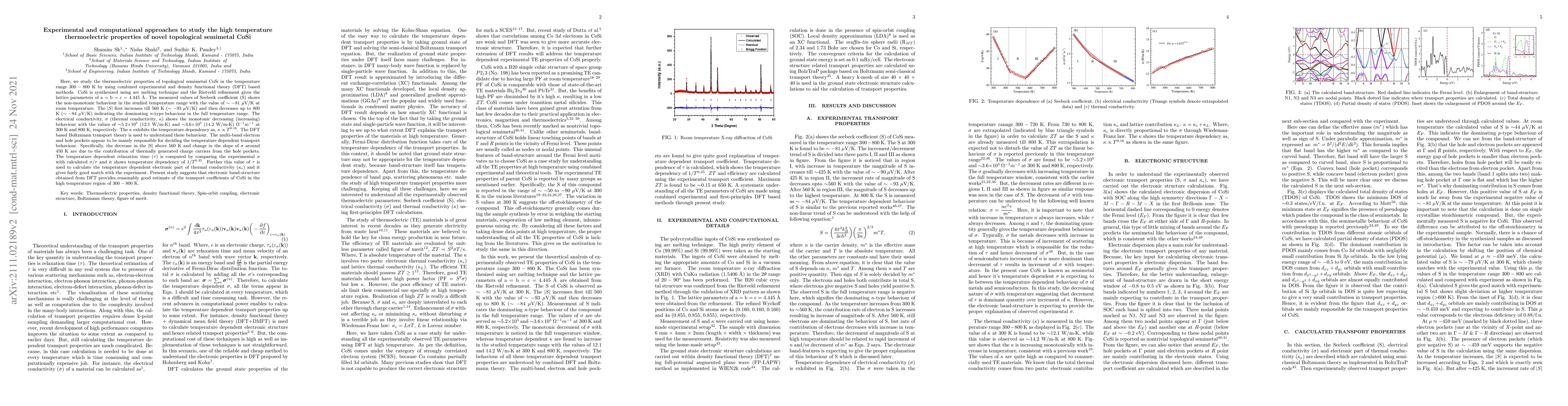 Thumbnail for Experimental and computational approaches to study the high temperature
  thermoelectric properties of novel topological semimetal CoSi