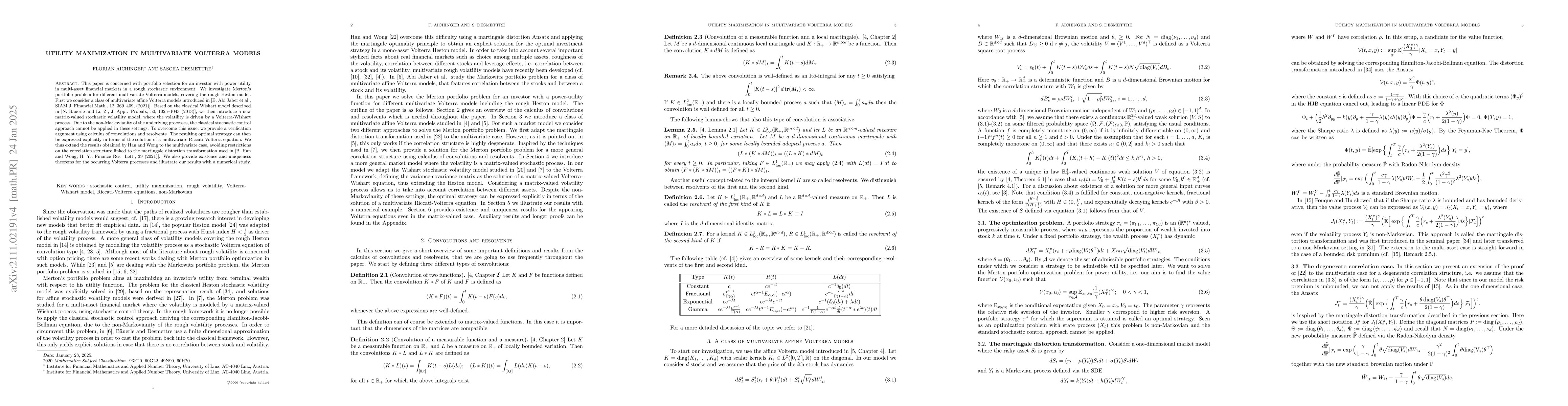 Thumbnail for Utility maximization in multivariate Volterra models