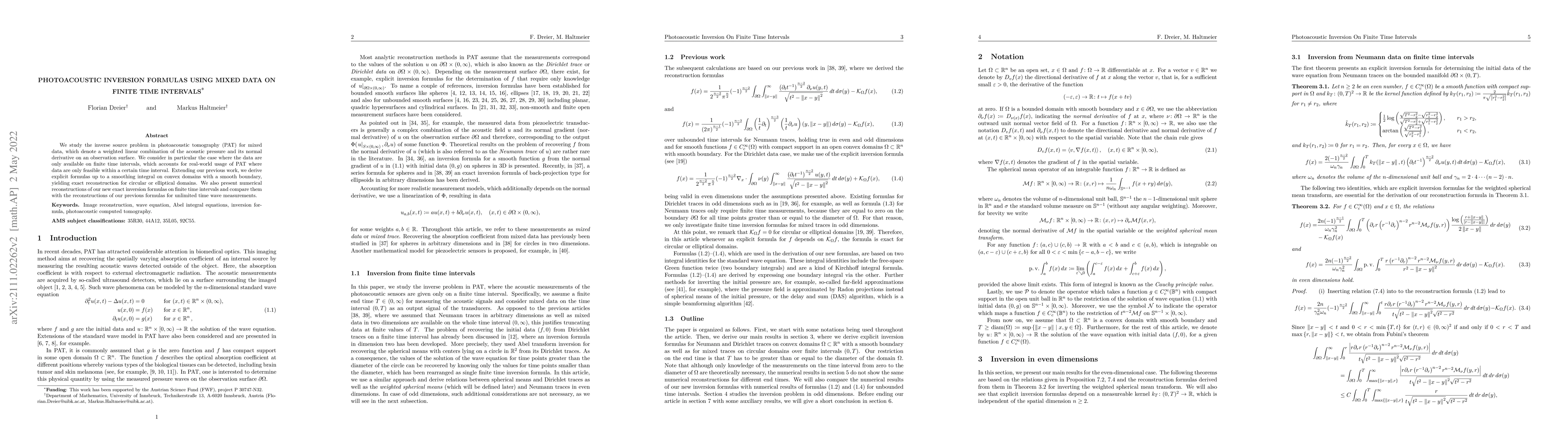Thumbnail for Photoacoustic inversion formulas using mixed data on finite time
  intervals