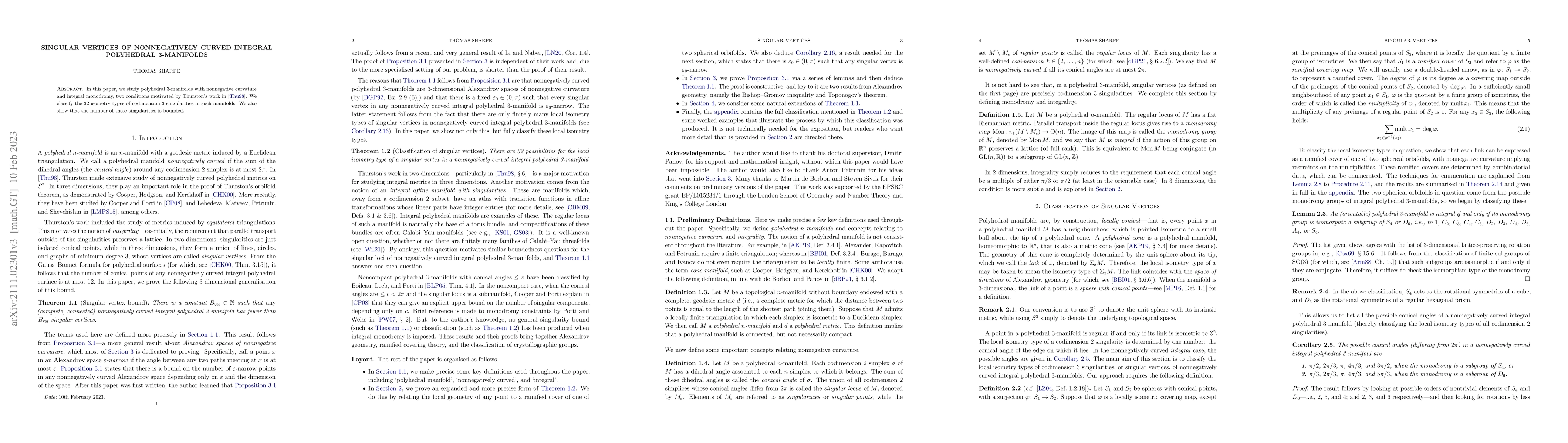Thumbnail for Singular vertices of nonnegatively curved integral polyhedral
  3-manifolds