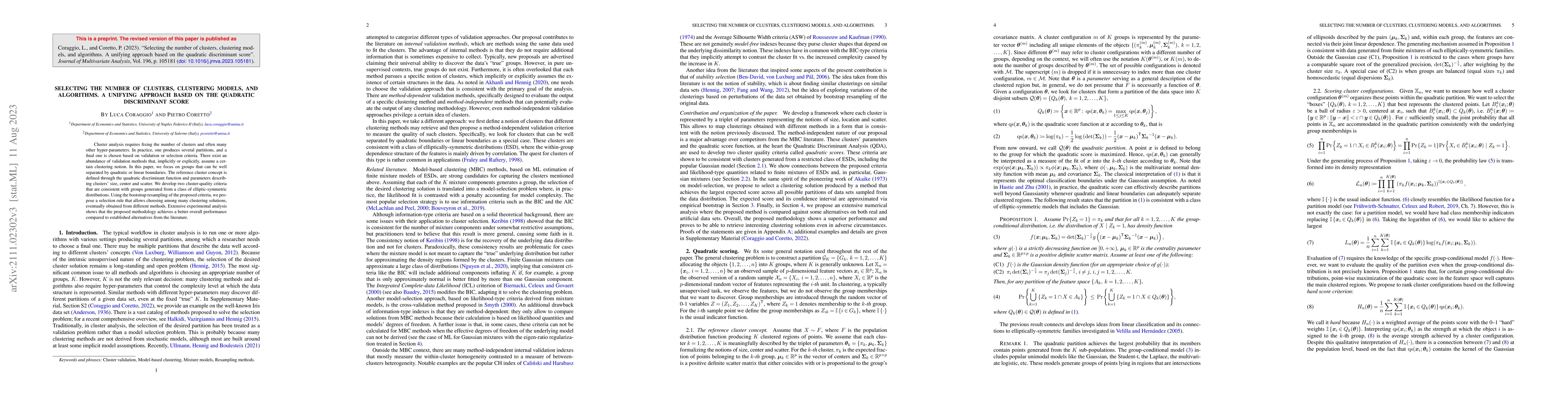Thumbnail for Selecting the number of clusters, clustering models, and algorithms. A
  unifying approach based on the quadratic discriminant score