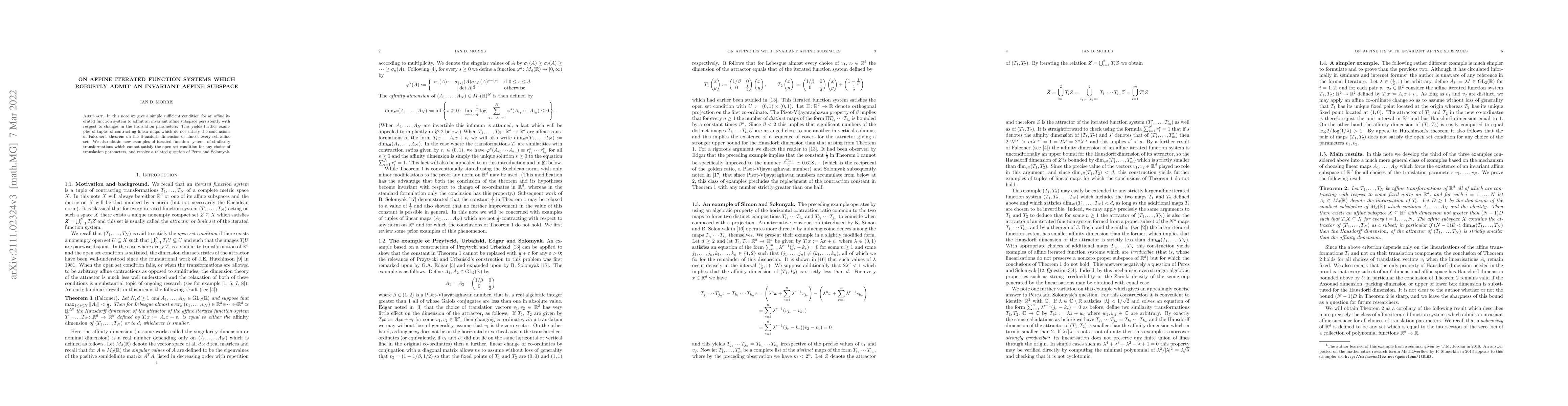 Thumbnail for On affine iterated function systems which robustly admit an invariant
  affine subspace