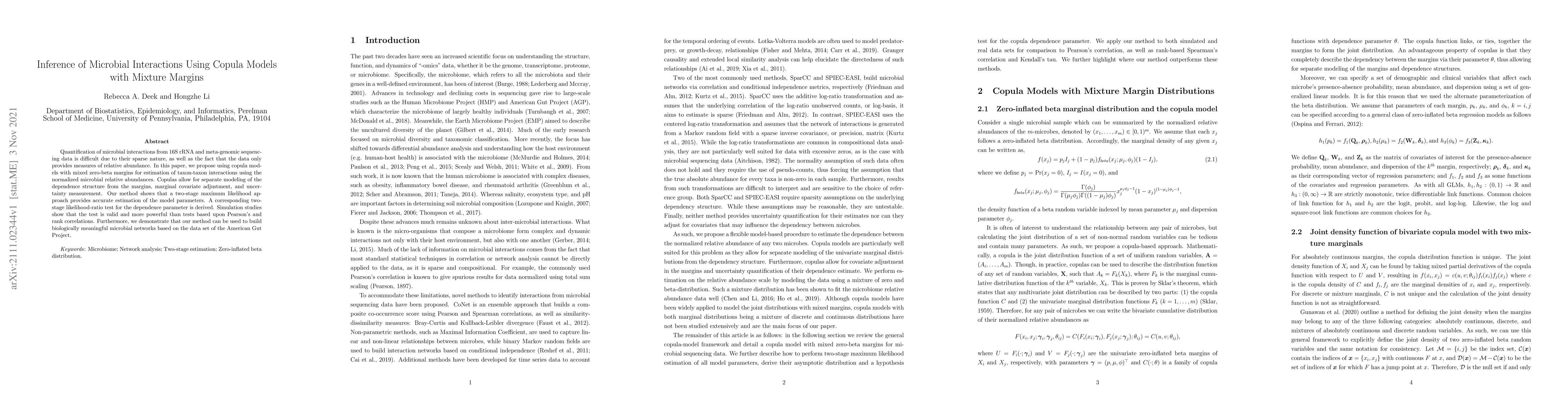 Thumbnail for Inference of Microbial Interactions Using Copula Models with Mixture
  Margins