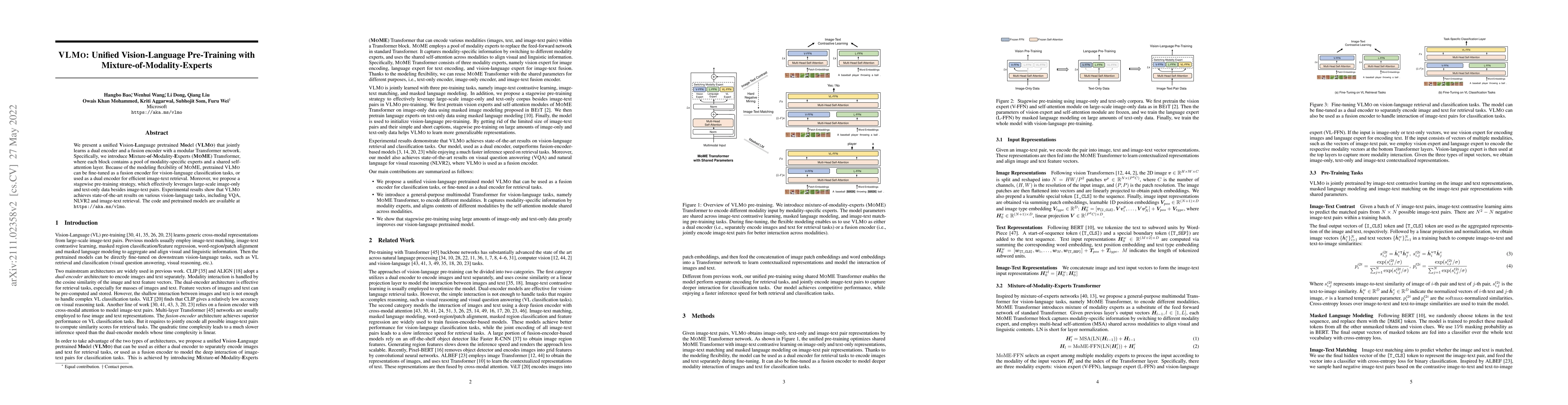 Thumbnail for VLMo: Unified Vision-Language Pre-Training with
  Mixture-of-Modality-Experts