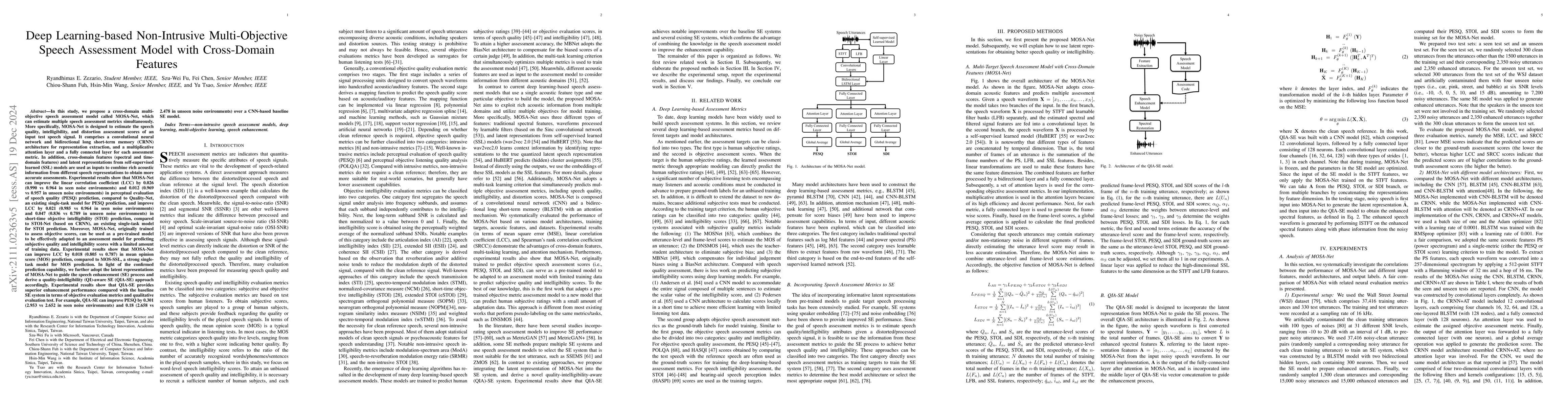 Thumbnail for Deep Learning-based Non-Intrusive Multi-Objective Speech Assessment
  Model with Cross-Domain Features