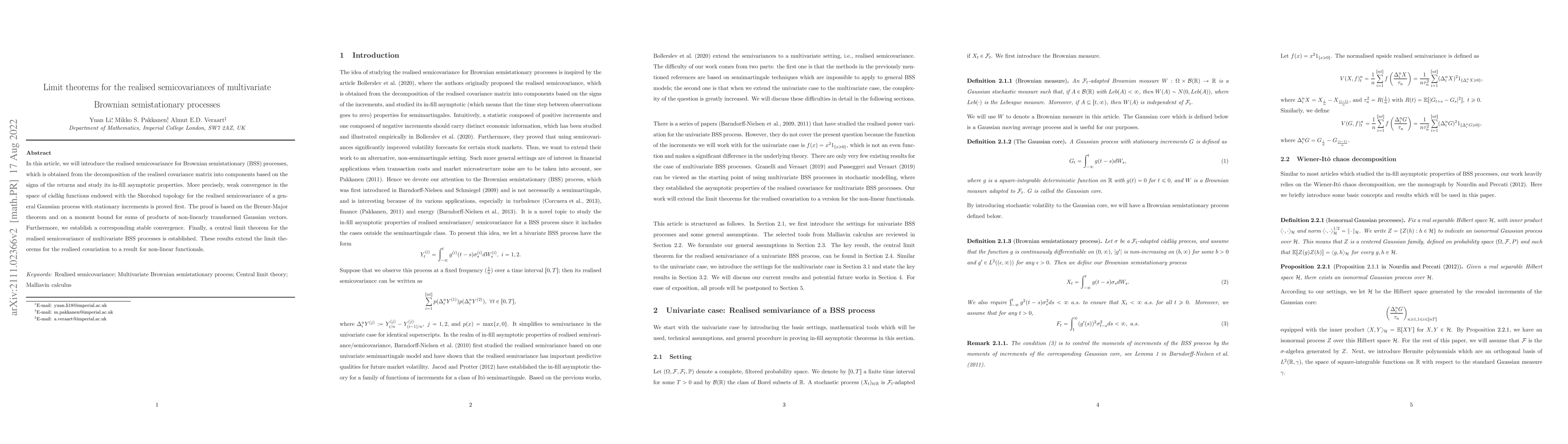 Thumbnail for Limit theorems for the realised semicovariances of multivariate Brownian
  semistationary processes