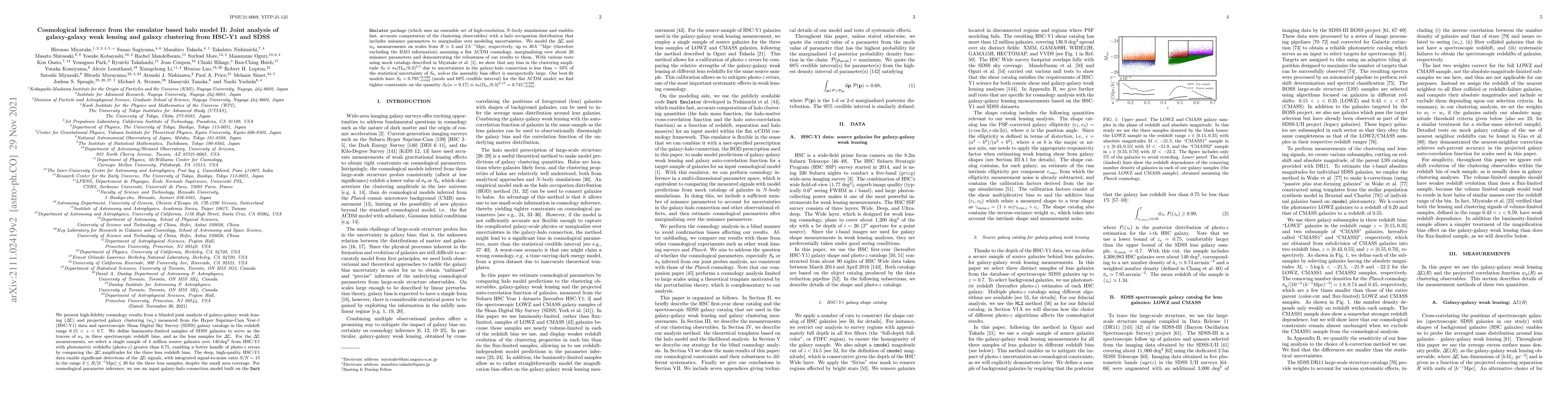 Thumbnail for Cosmological inference from the emulator based halo model II: Joint
  analysis of galaxy-galaxy weak lensing and galaxy clustering from HSC-Y1 and
  SDSS