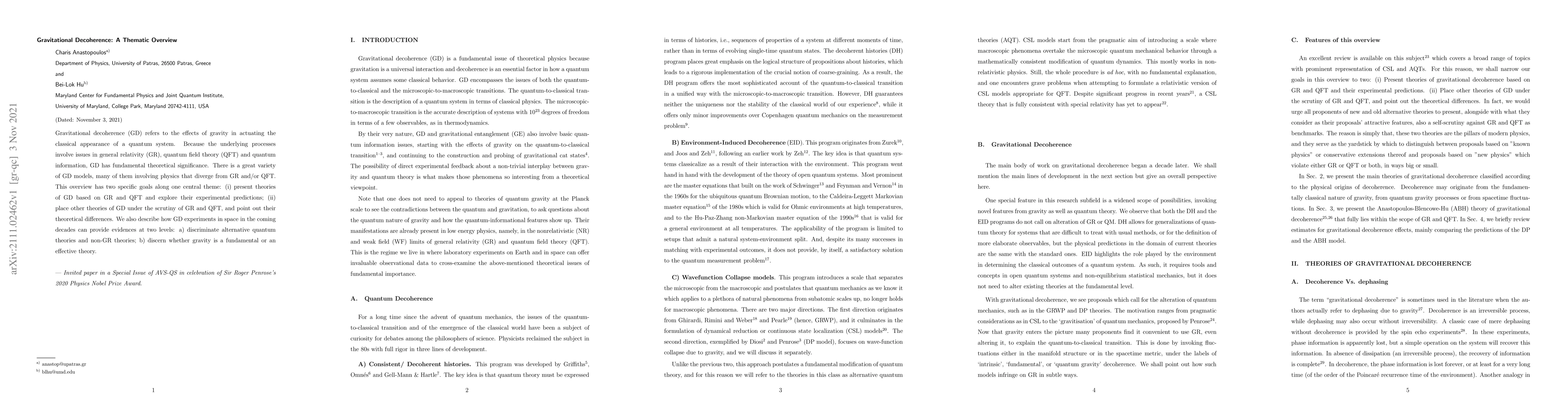 Thumbnail for Gravitational Decoherence: A Thematic Overview