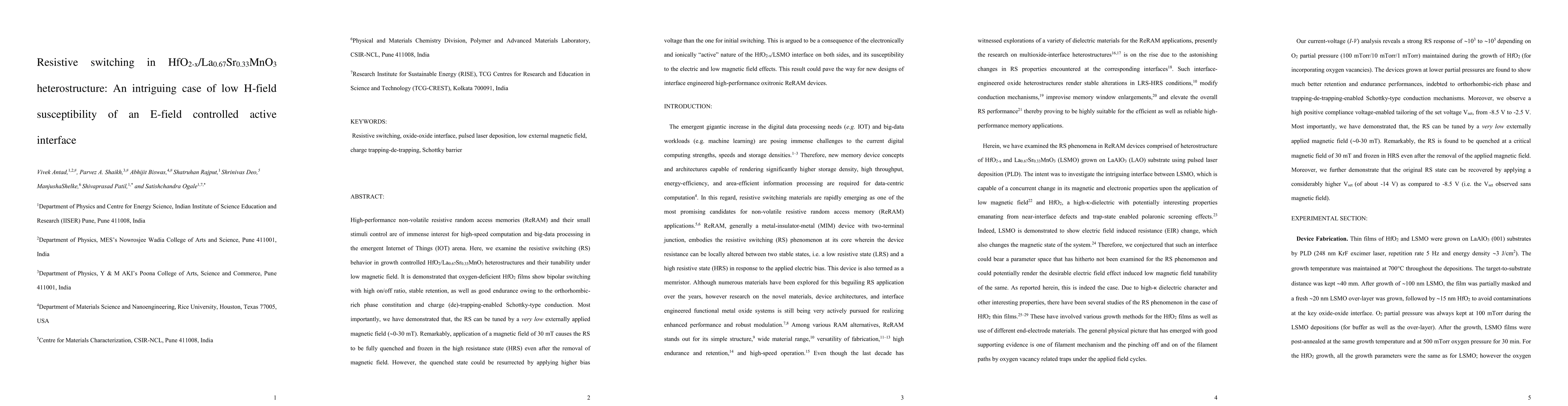 Thumbnail for Resistive switching in HfO2-x/La0.67Sr0.33MnO3 heterostructure: An
  intriguing case of low H-field susceptibility of an E-field controlled active
  interface