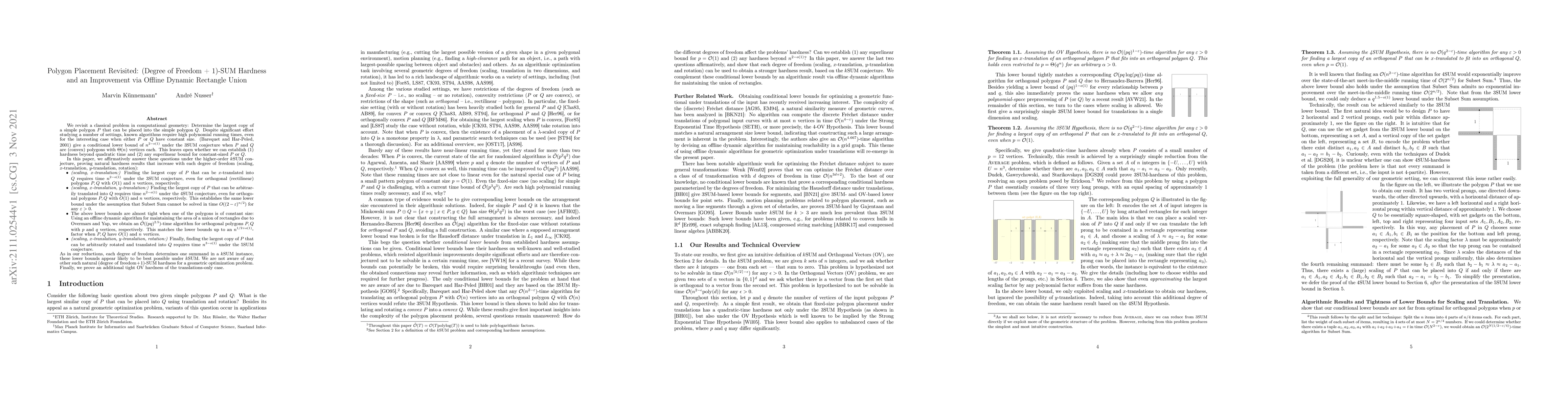 Thumbnail for Polygon Placement Revisited: (Degree of Freedom + 1)-SUM Hardness and an
  Improvement via Offline Dynamic Rectangle Union