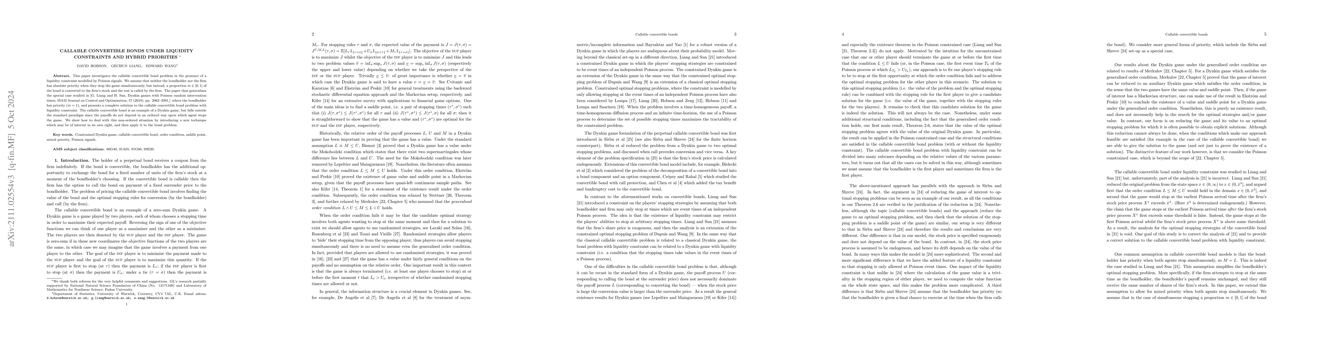Thumbnail for Callable convertible bonds under liquidity constraints and hybrid
  priorities