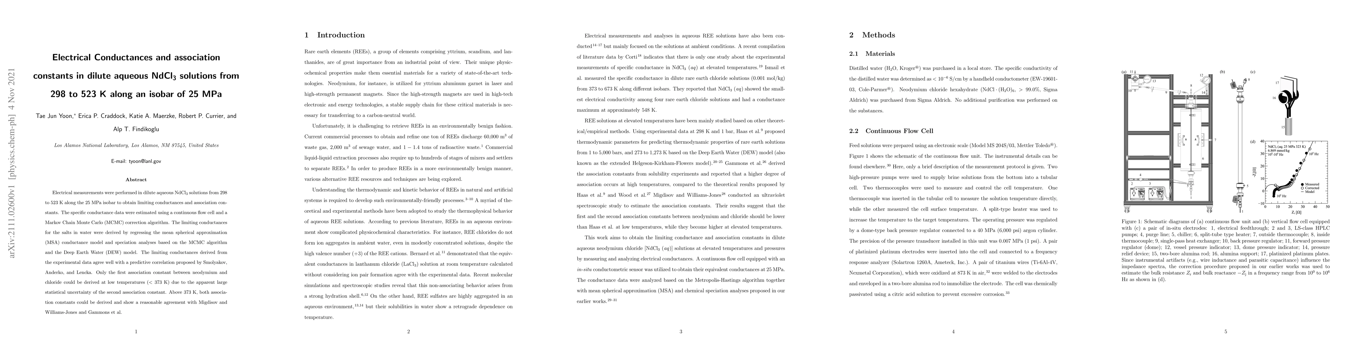 Thumbnail for Electrical Conductances and association constants in dilute aqueous
  NdCl\textsubscript{3} solutions from 298 to 523 K along an isobar of 25 MPa