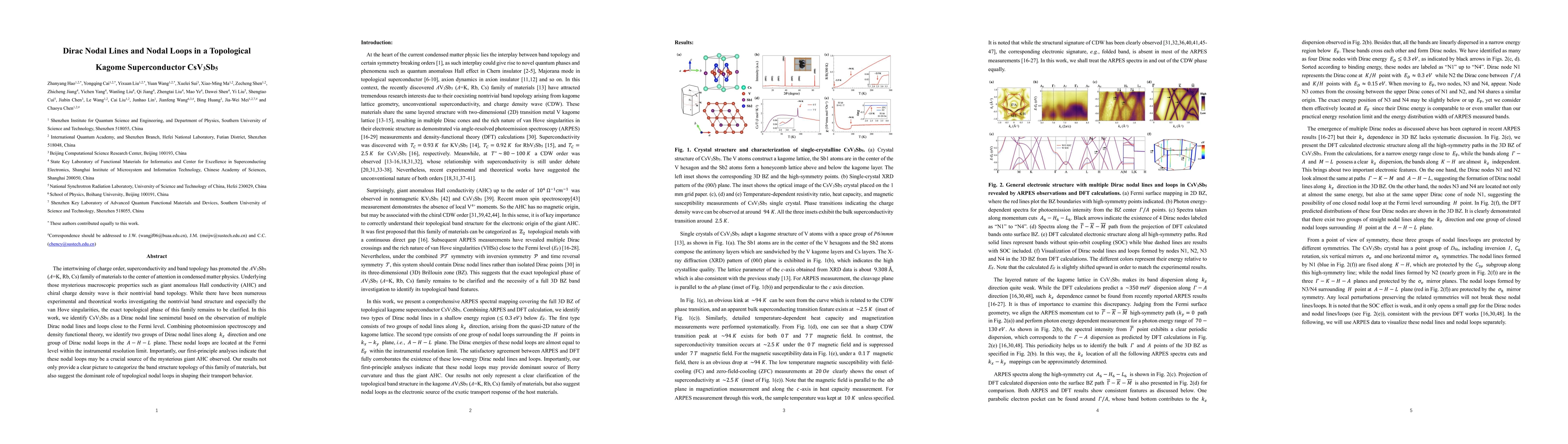 Thumbnail for Dirac Nodal Lines and Nodal Loops in a Topological Kagome Superconductor
  CsV$_3$Sb$_5$
