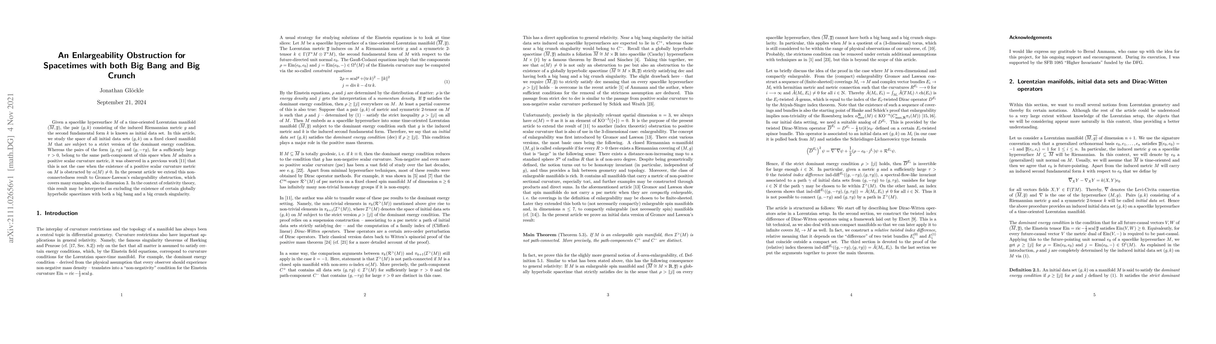 Thumbnail for An Enlargeability Obstruction for Spacetimes with both Big Bang and Big
  Crunch