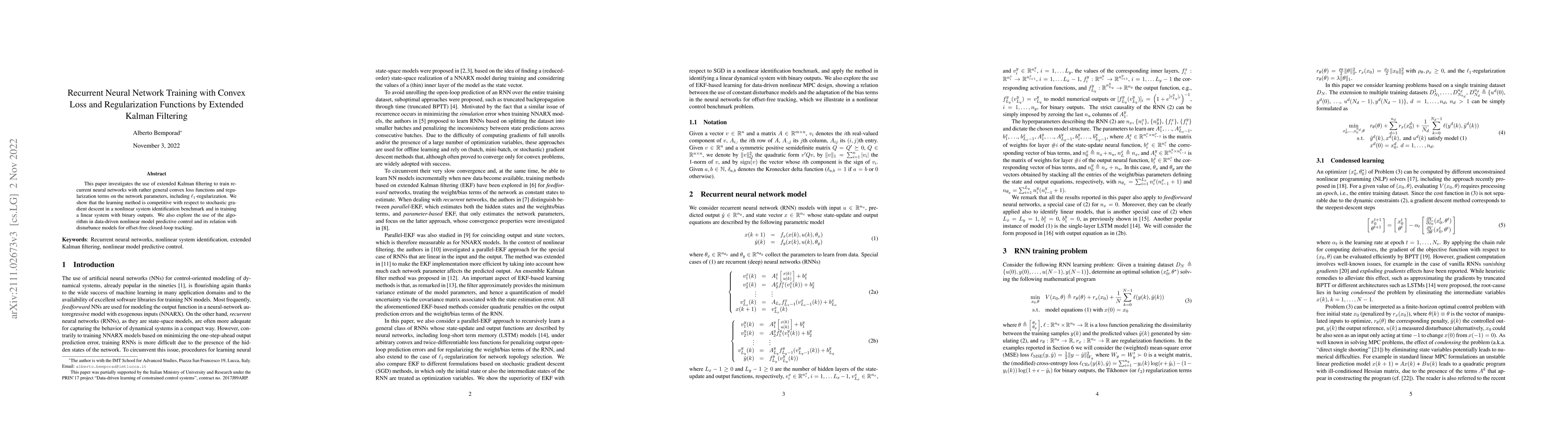 Thumbnail for Recurrent Neural Network Training with Convex Loss and Regularization
  Functions by Extended Kalman Filtering