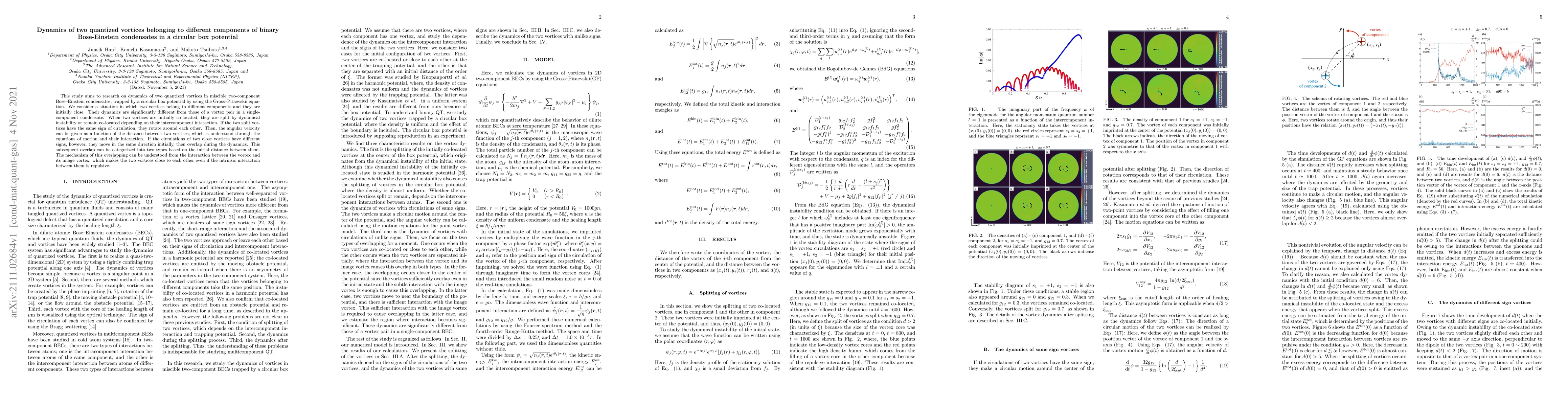 Thumbnail for Dynamics of two quantized vortices belonging to different components of
  binary Bose-Einstein condensates in a circular box potential