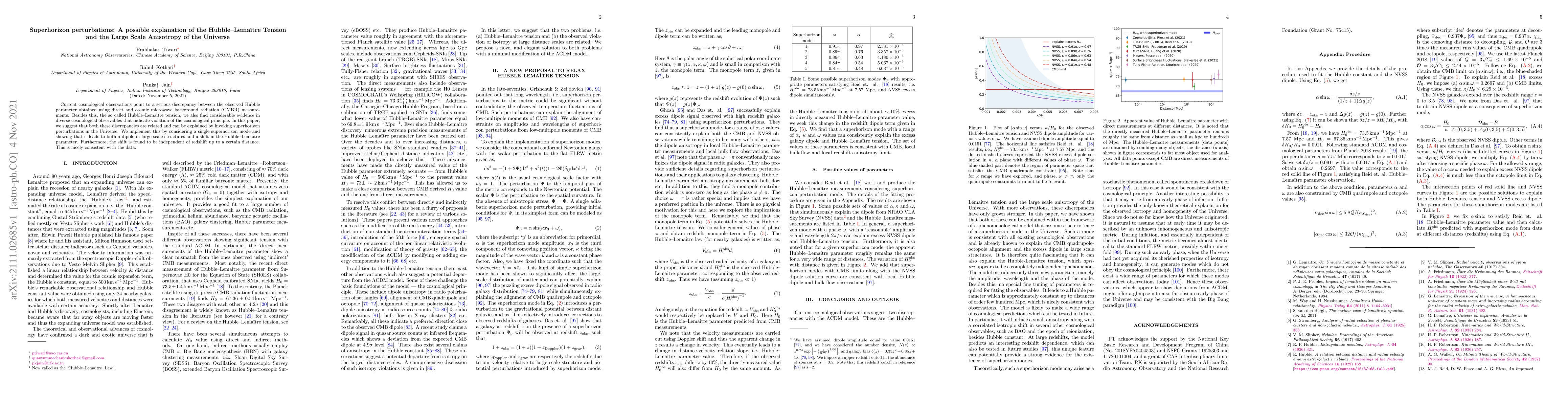 Thumbnail for Superhorizon perturbations: A possible explanation of the
  Hubble--Lema\^itre Tension and the Large Scale Anisotropy of the Universe