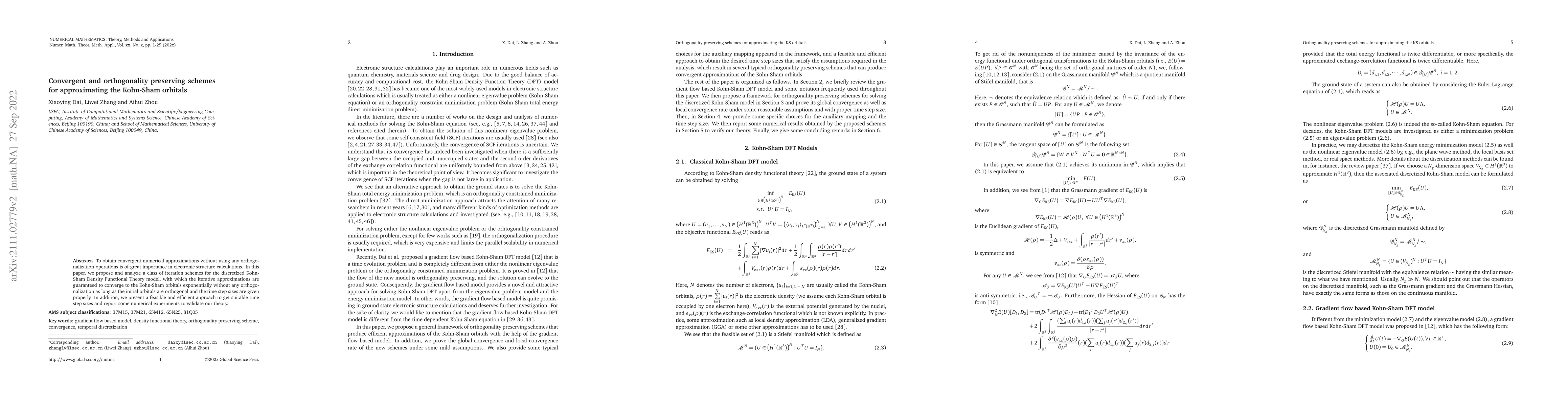 Thumbnail for Convergent and orthogonality preserving schemes for approximating the
  Kohn-Sham orbitals
