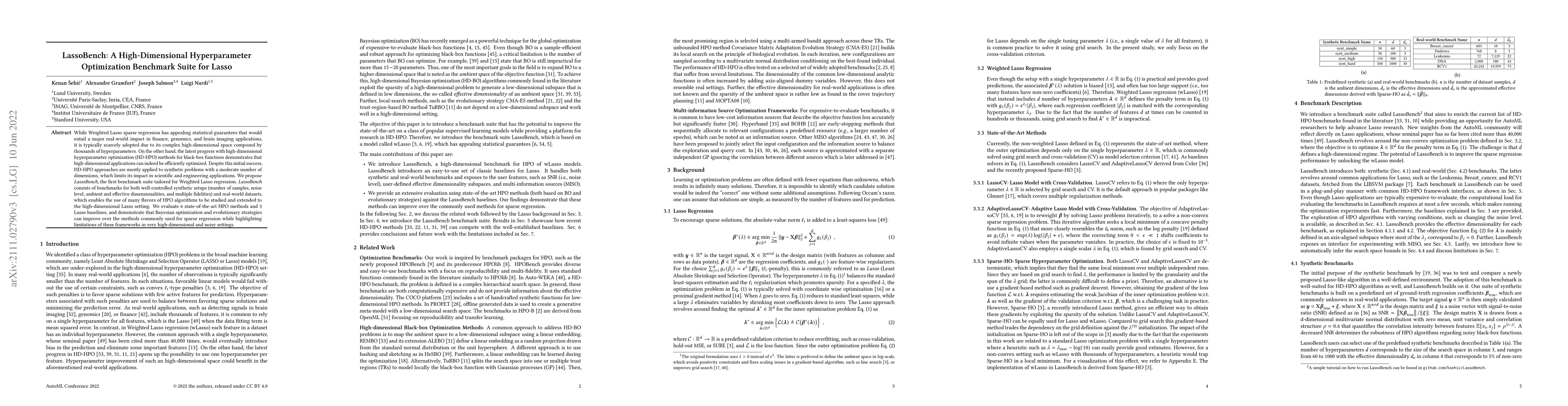 Thumbnail for LassoBench: A High-Dimensional Hyperparameter Optimization Benchmark
  Suite for Lasso