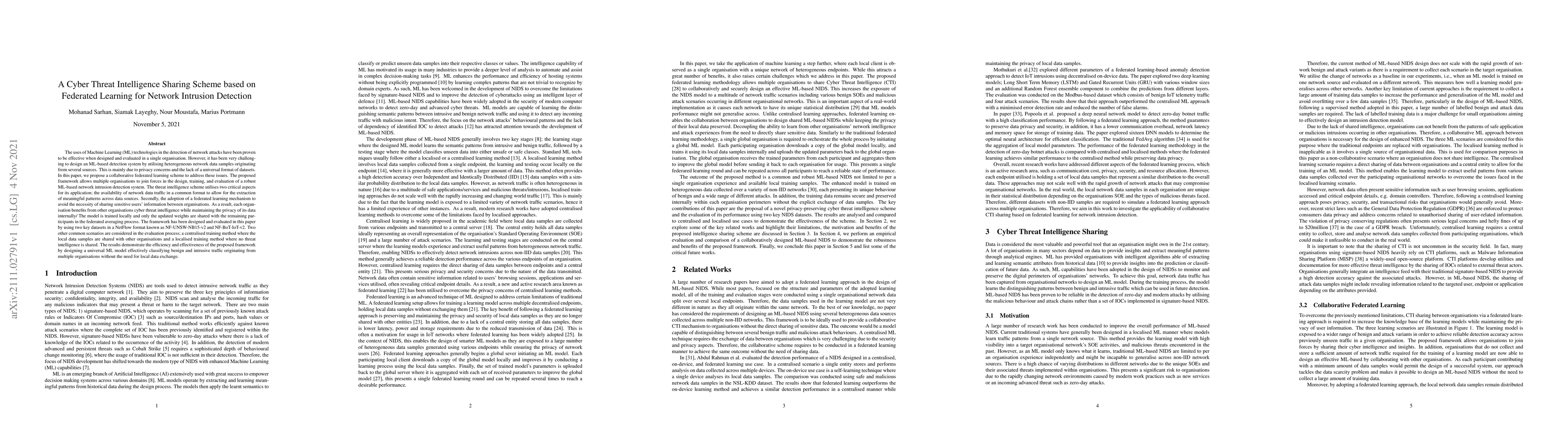 Thumbnail for A Cyber Threat Intelligence Sharing Scheme based on Federated Learning
  for Network Intrusion Detection