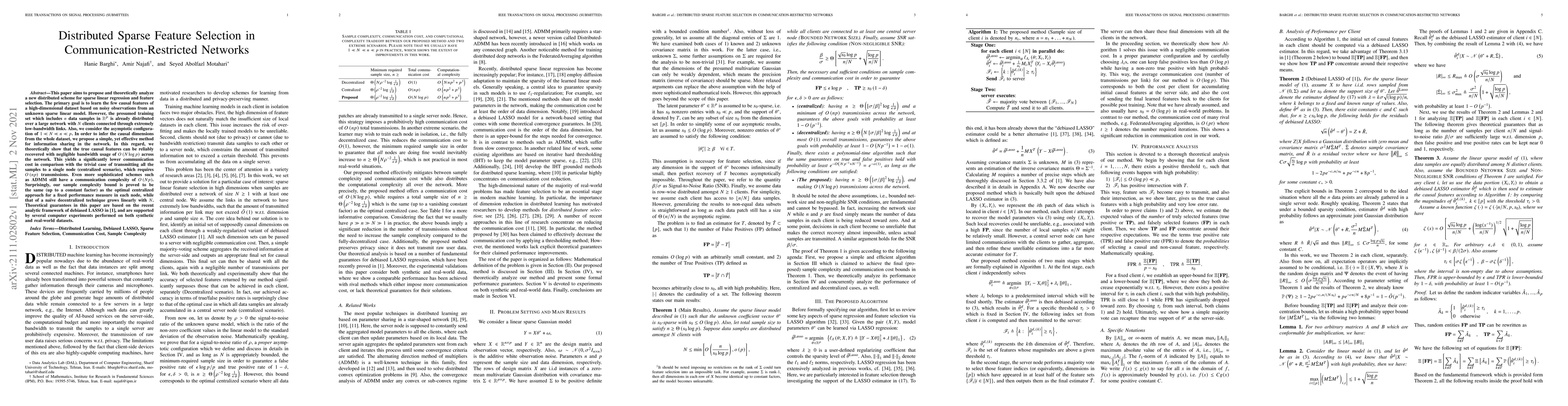 Thumbnail for Distributed Sparse Feature Selection in Communication-Restricted
  Networks