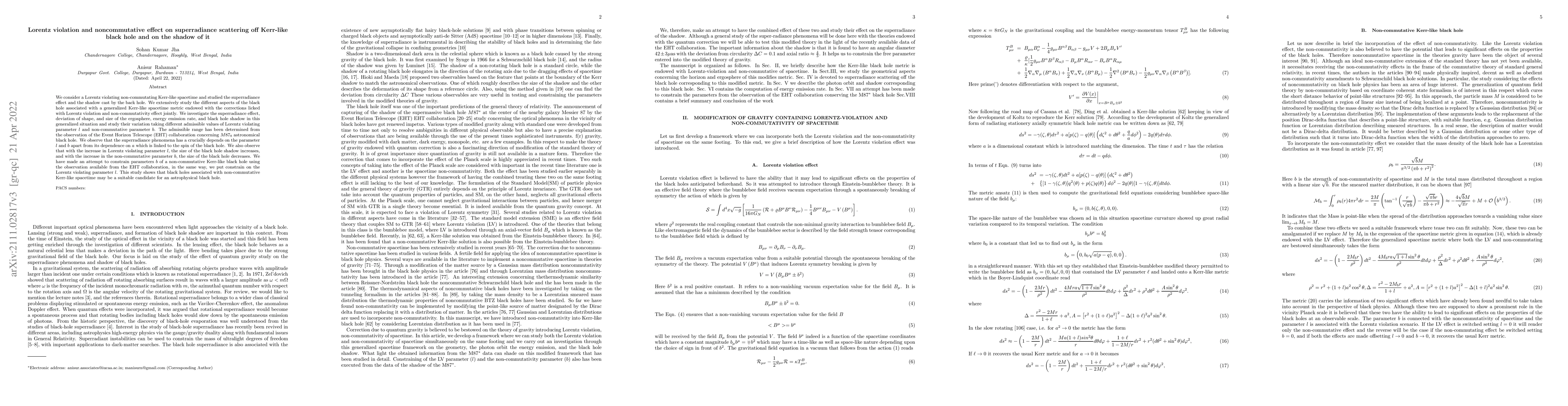Thumbnail for Lorentz violation and noncommutative effect on superradiance scattering
  off Kerr-like black hole and on the shadow of it