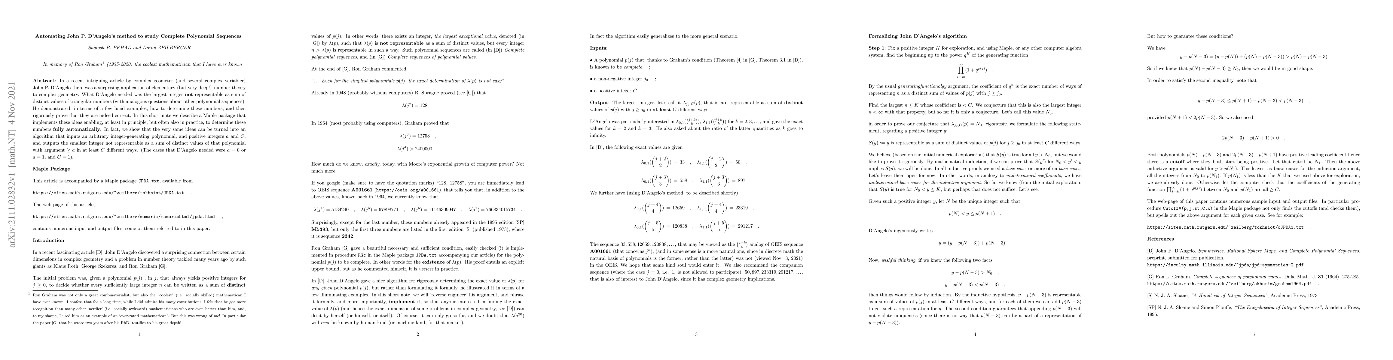 Thumbnail for Automating John P. D'Angelo's method to study Complete Polynomial
  Sequences