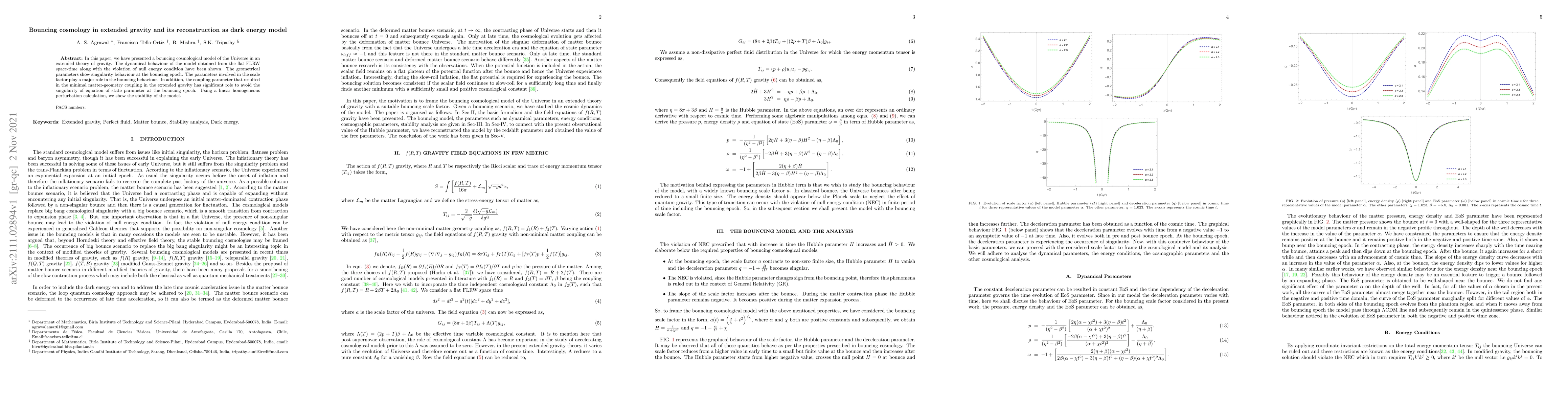 Thumbnail for Bouncing cosmology in extended gravity and its reconstruction as dark
  energy model