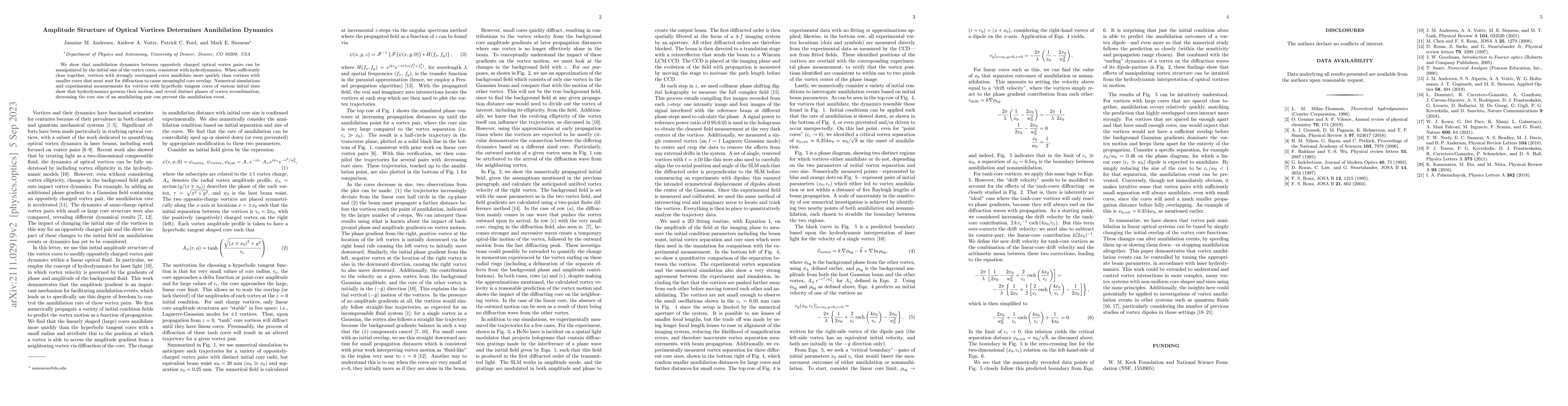 Thumbnail for Amplitude Structure of Optical Vortices Determines Annihilation Dynamics