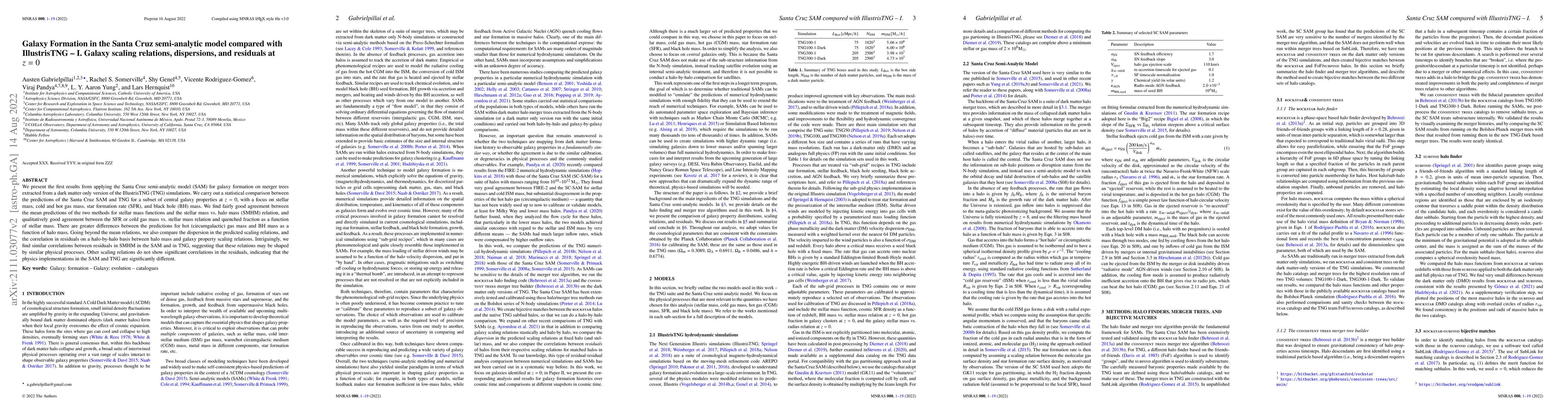 Thumbnail for Galaxy Formation in the Santa Cruz semi-analytic model compared with
  IllustrisTNG -- I. Galaxy scaling relations, dispersions, and residuals at
  z=0