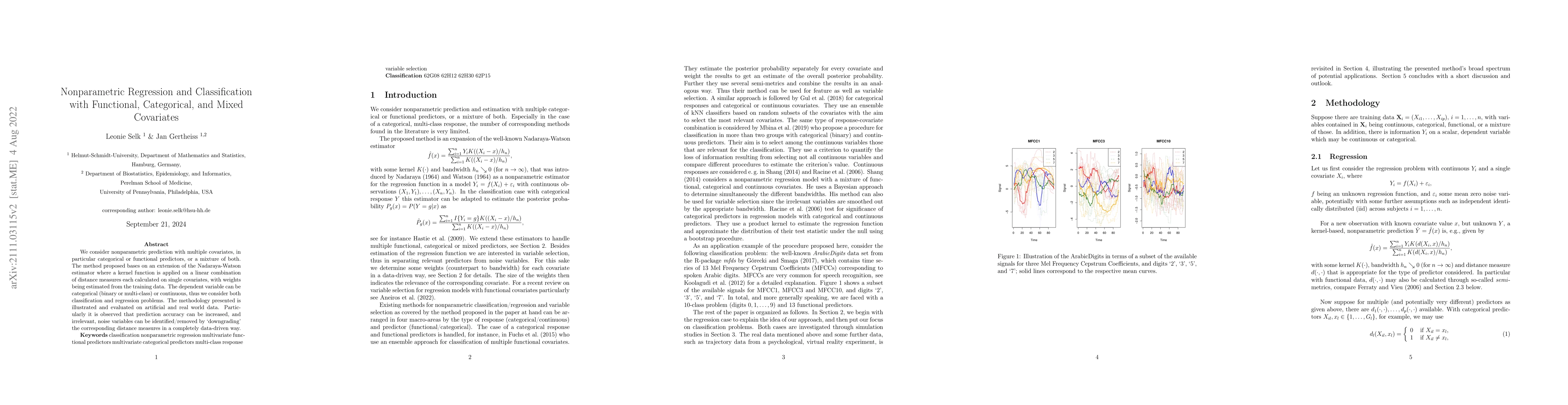 Thumbnail for Nonparametric Regression and Classification with Functional,
  Categorical, and Mixed Covariates
