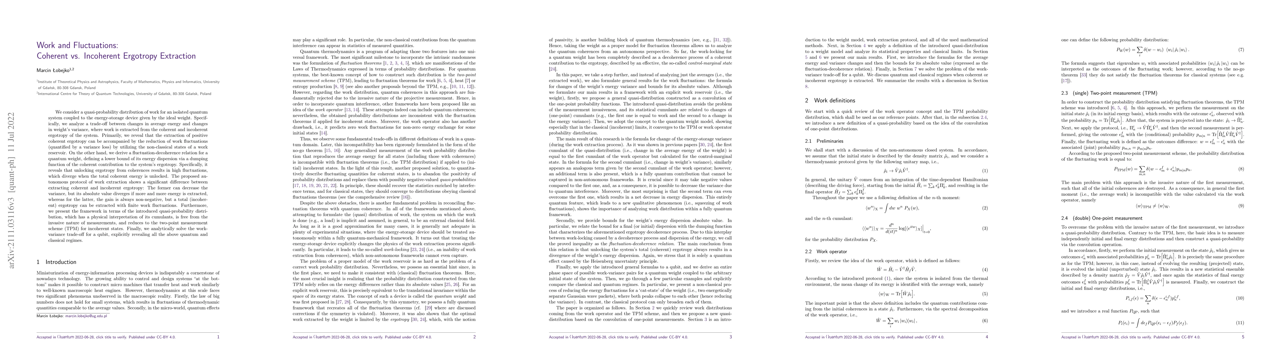 Thumbnail for Work and Fluctuations: Coherent vs. Incoherent Ergotropy Extraction