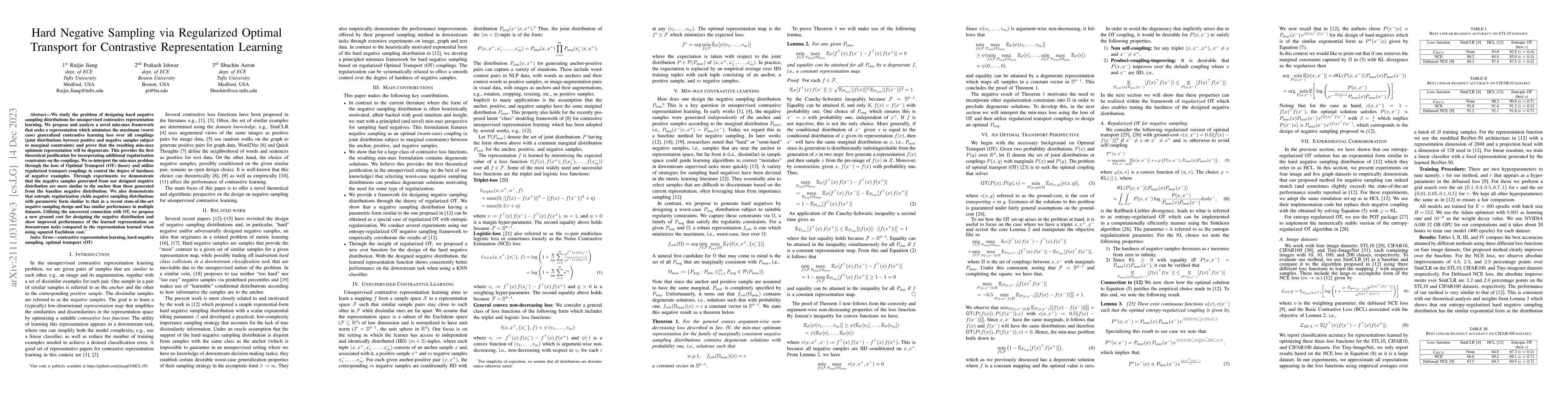Thumbnail for Hard Negative Sampling via Regularized Optimal Transport for Contrastive
  Representation Learning