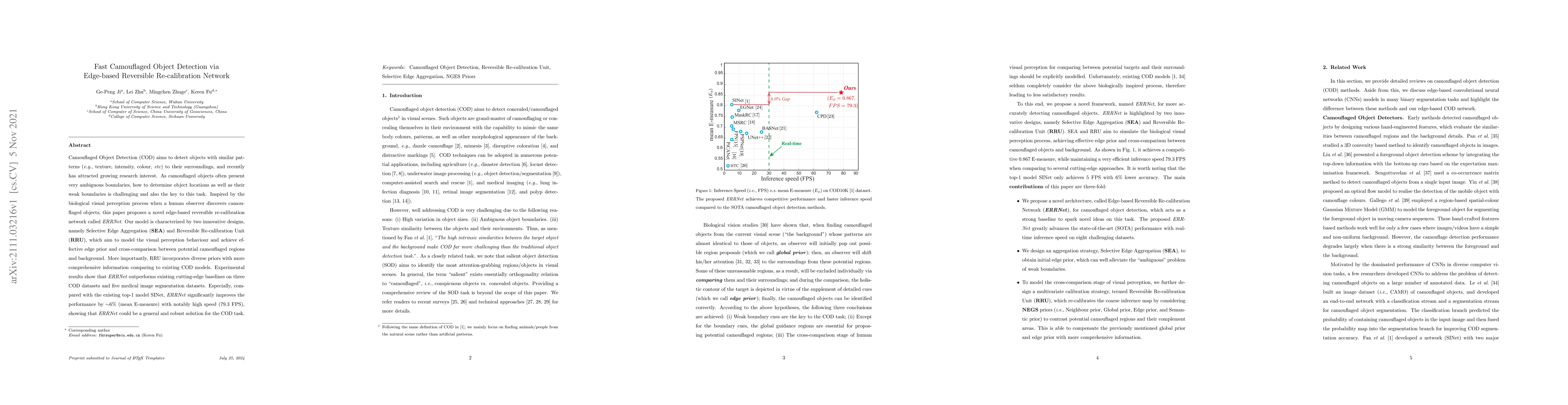 Thumbnail for Fast Camouflaged Object Detection via Edge-based Reversible
  Re-calibration Network