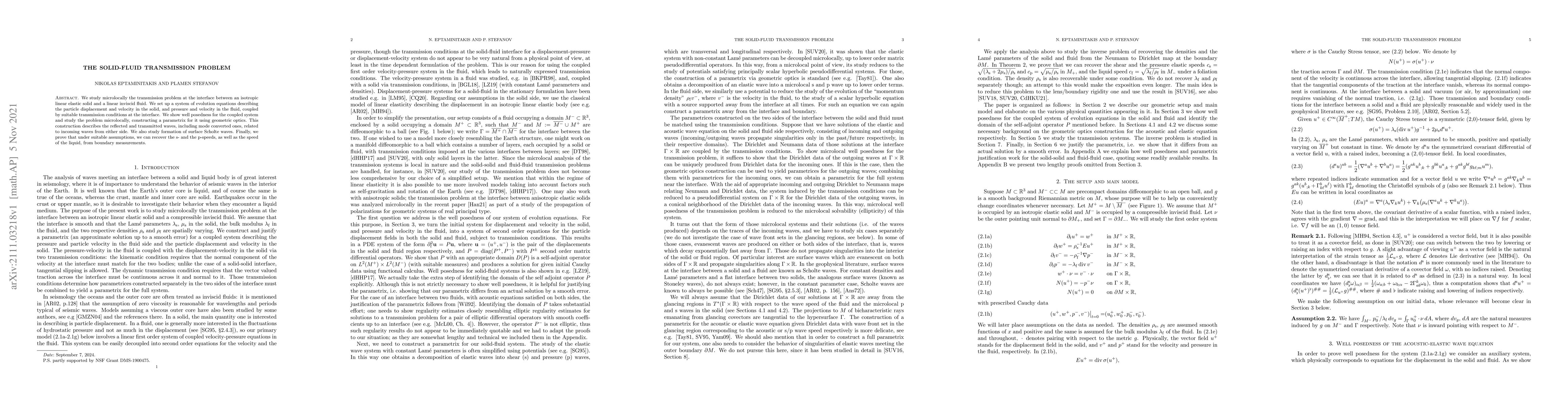 Thumbnail for The solid-fluid transmission problem