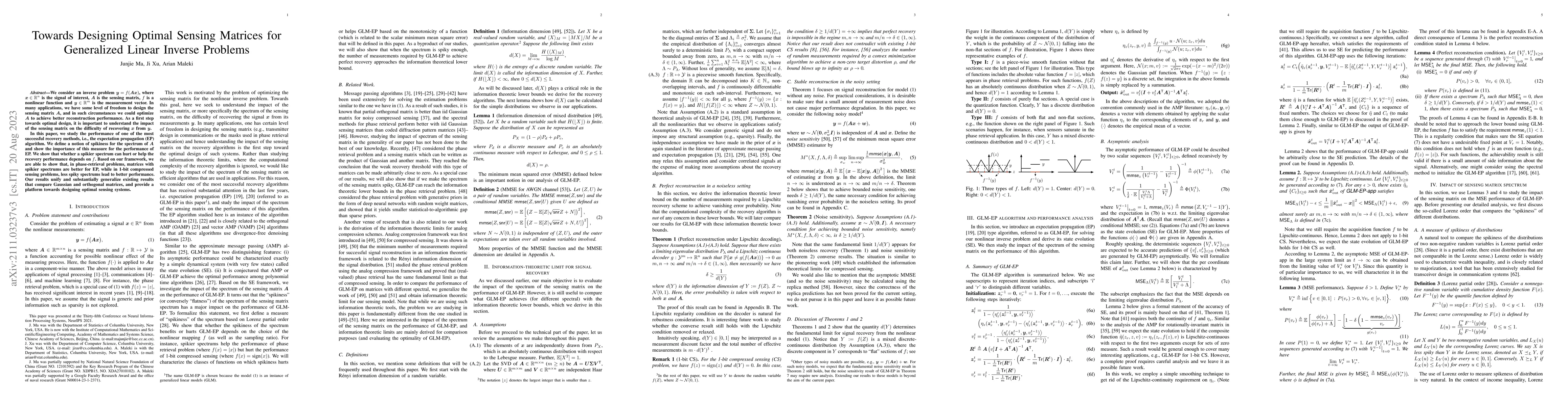 Thumbnail for Towards Designing Optimal Sensing Matrices for Generalized Linear
  Inverse Problems