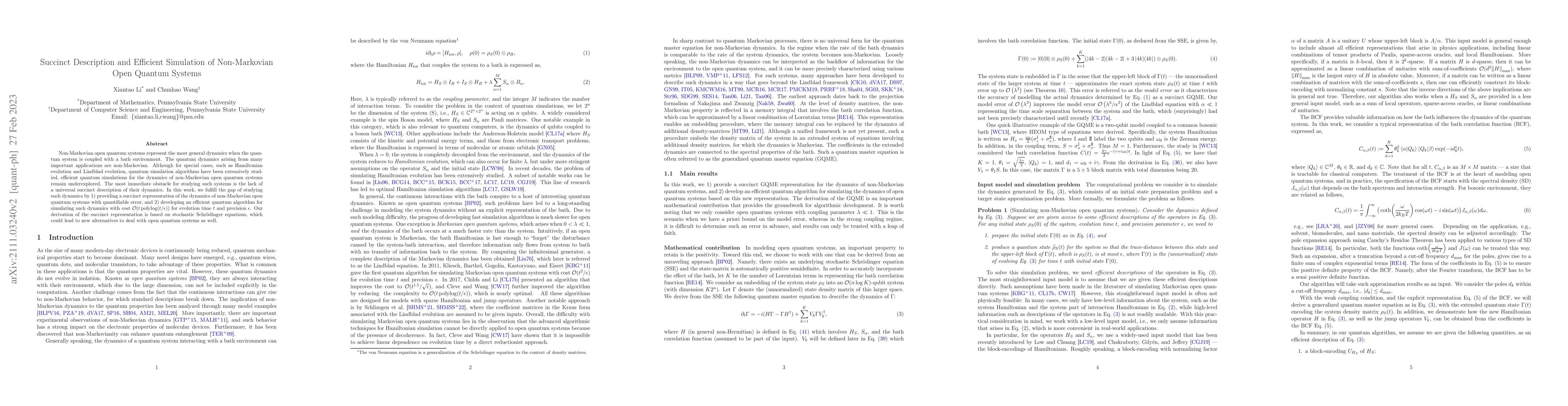 Thumbnail for Succinct Description and Efficient Simulation of Non-Markovian Open
  Quantum Systems