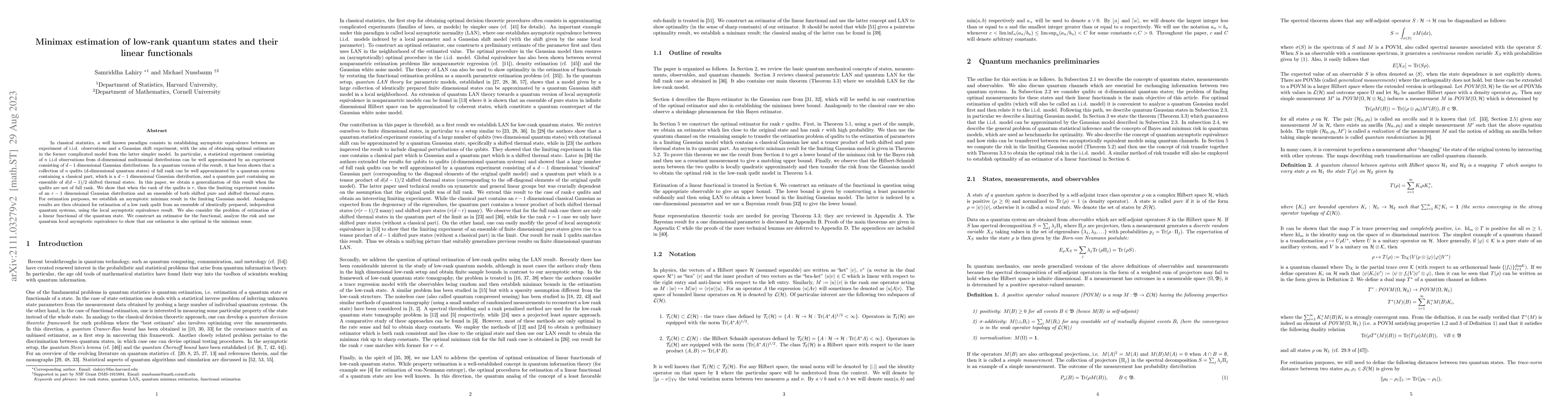 Thumbnail for Minimax estimation of low-rank quantum states and their linear
  functionals