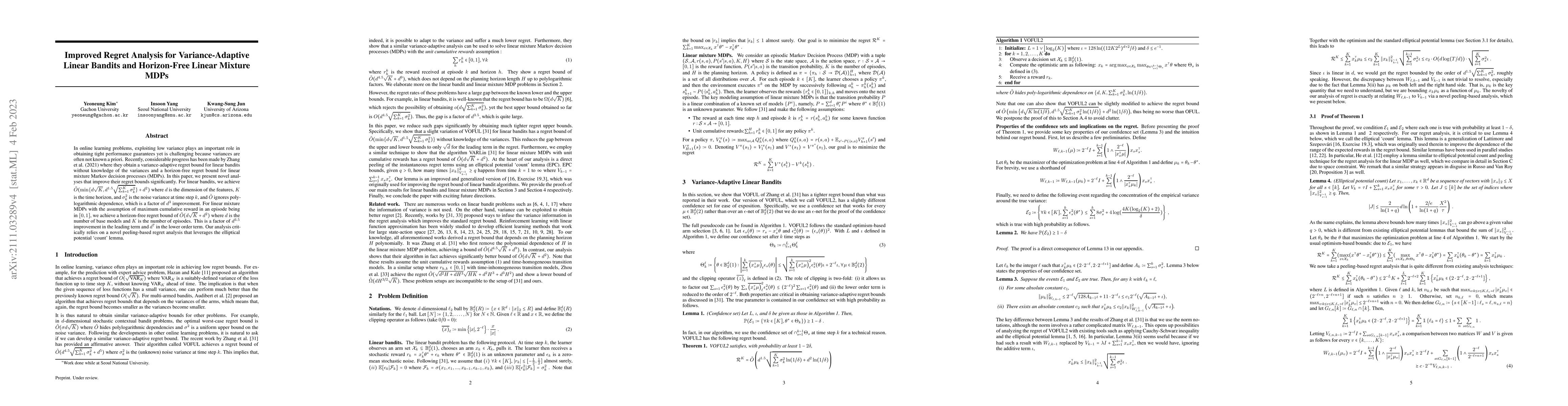 Thumbnail for Improved Regret Analysis for Variance-Adaptive Linear Bandits and
  Horizon-Free Linear Mixture MDPs