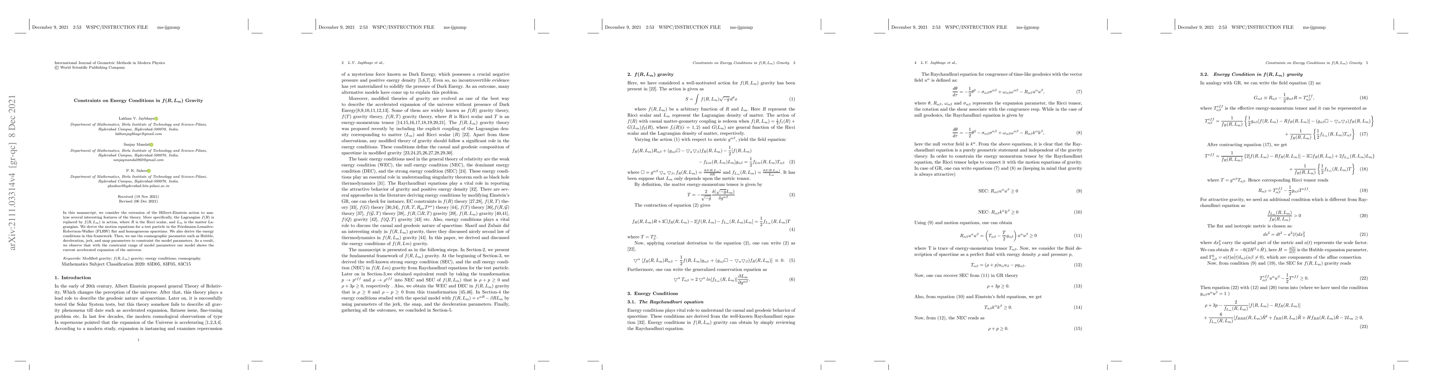 Thumbnail for Constraints on Energy Conditions in $f(R,L_m)$ Gravity