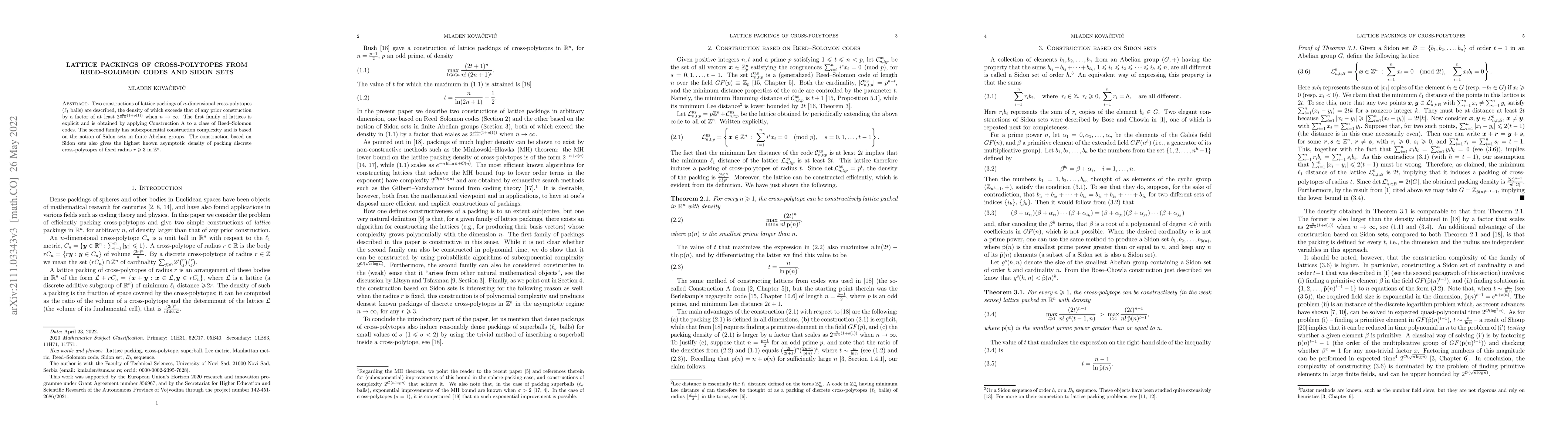 Thumbnail for Lattice Packings of Cross-polytopes from Reed-Solomon Codes and Sidon
  Sets