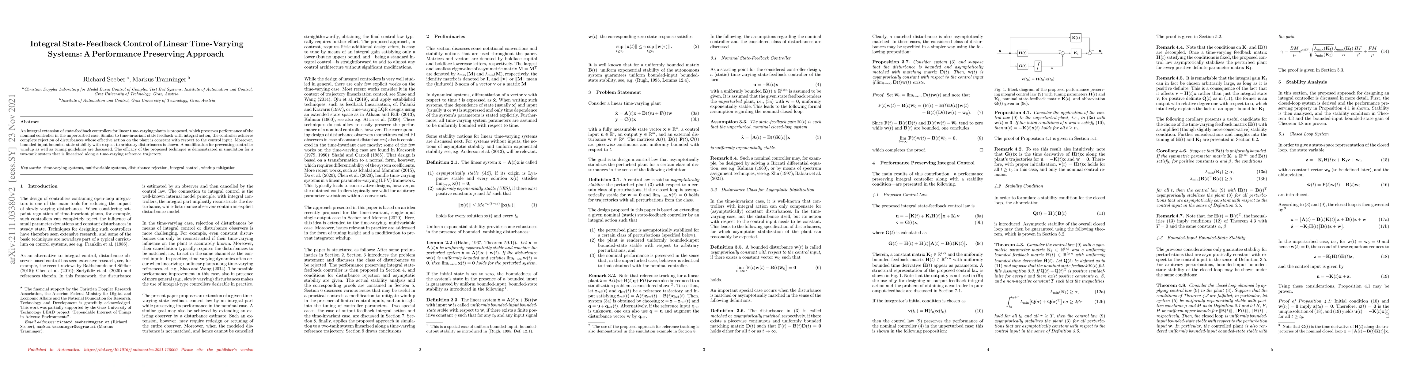 Thumbnail for Integral state-feedback control of linear time-varying systems: A
  performance preserving approach