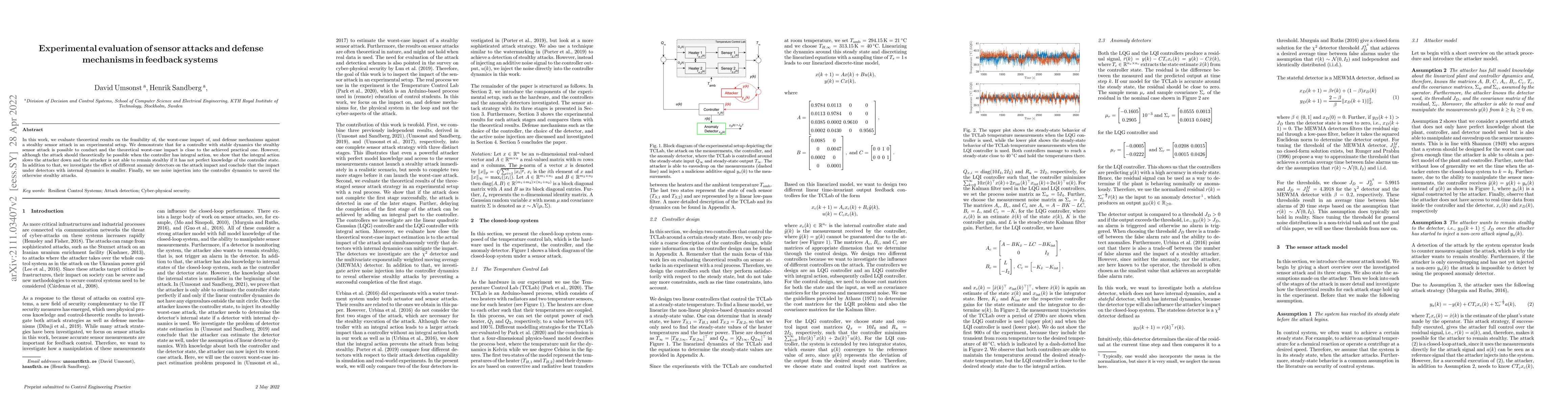 Thumbnail for Experimental evaluation of sensor attacks and defense mechanisms in
  feedback systems