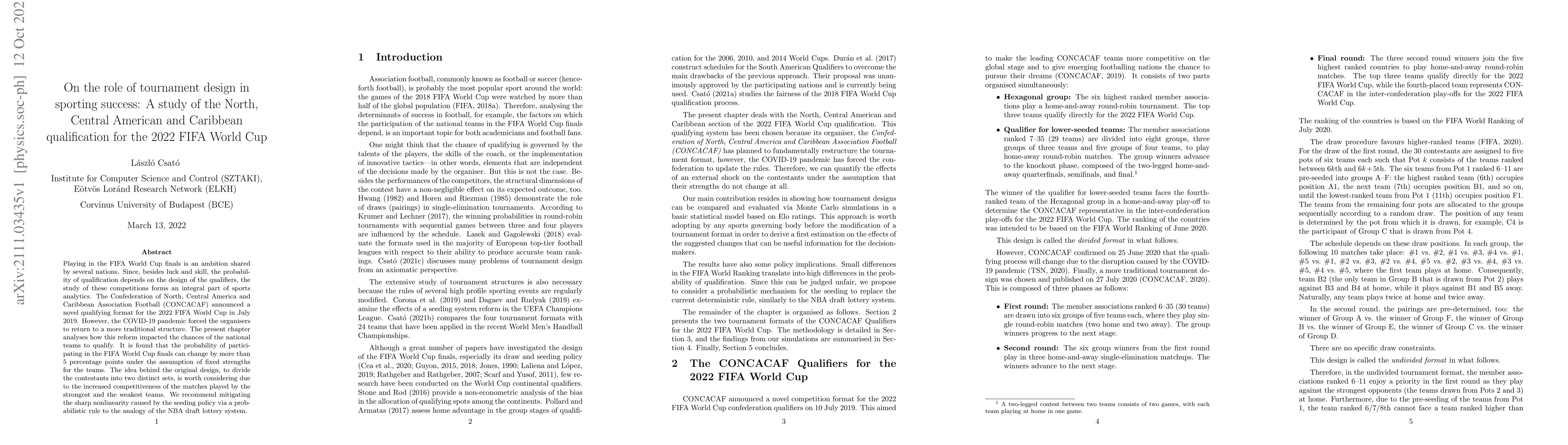 Thumbnail for On the role of tournament design in sporting success: A study of the
  North, Central American and Caribbean qualification for the 2022 FIFA World
  Cup
